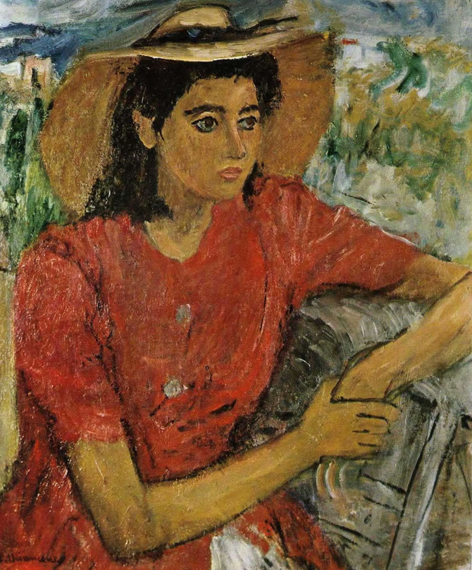 Figura in rosso all’aperto (Paola), 1950, olio su tavola, cm 57x47, esposta alla VI Quadriennale di Roma, 1951